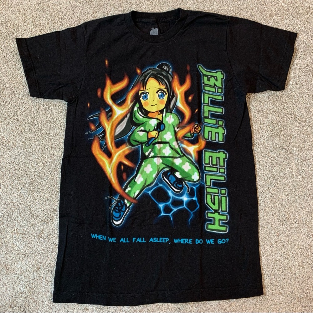 BILLIE EILISH When We All Fall Asleep FLAMES Colorful GRAPHIC Black BAND T-SHIRT